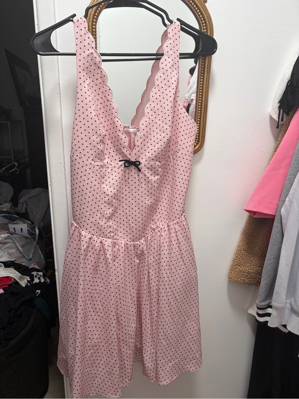 Rare Editions Pink Polka Dot Scalloped V-Neck Dress